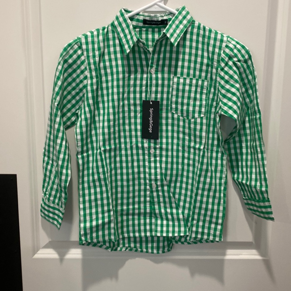 Boys M (7/8) green and white button up, never worn